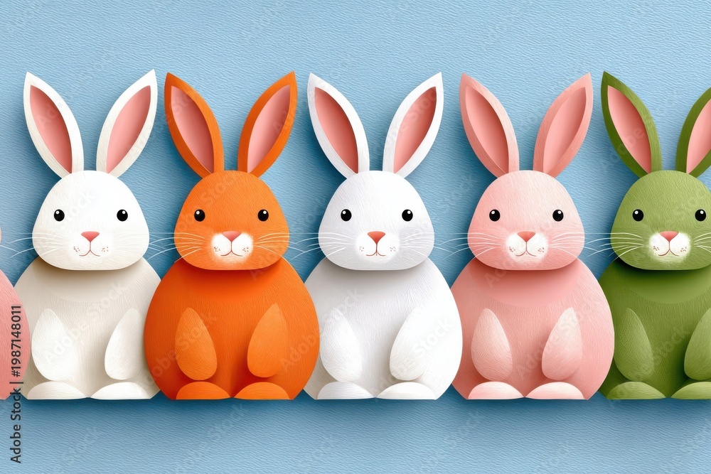 Fototapeta premium Row of pastel paper-cut Easter bunnies in colorful 3D style for spring celebration and decor