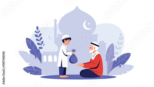 Young Muslim boy giving a bag of food to an elderly man in front of a mosque, symbolizing charity and respect.