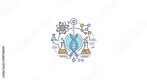 Illustration depicting scientific concepts, molecular structures, and lab equipment on white
