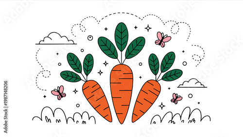 carrots with green leaves and butterflies flying around them in a whimsical scene