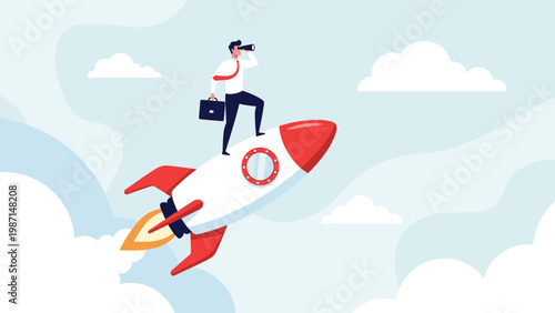 Businessman riding a rocket and looking through binoculars, symbolizing ambitious business vision, growth, and exploration.