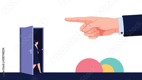 Symbolic image of a big hand pointing at a woman, indicating being fired or dismissed, as she leaves through a door.