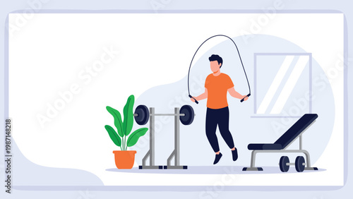 Young man happily skipping rope in a home gym setting, focusing on cardio exercise and maintaining fitness.