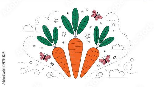 carrots with green leaves and butterflies flying around on white background