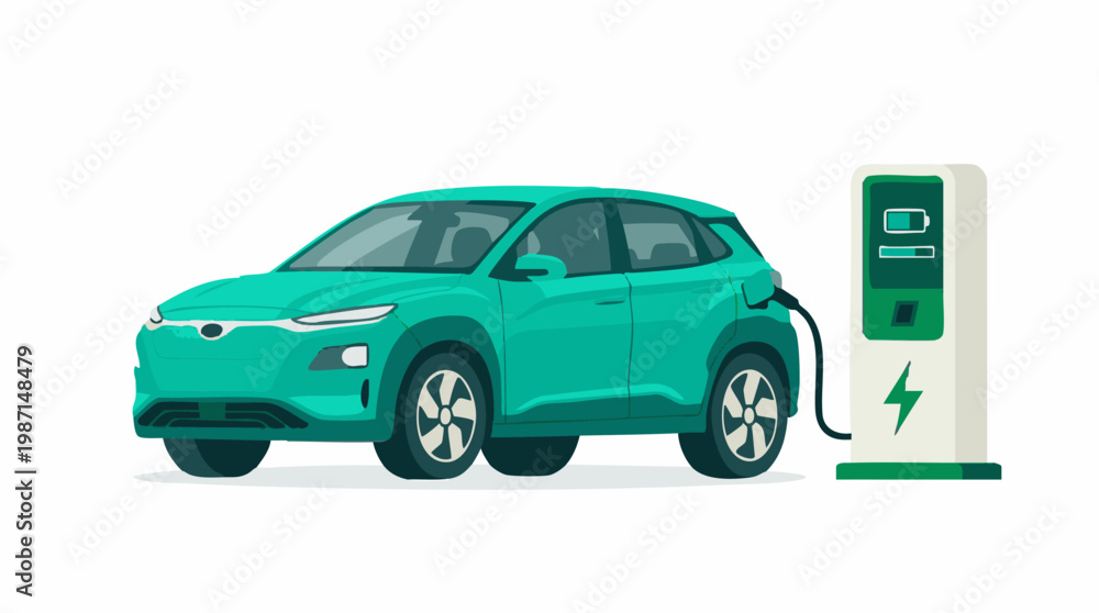 Naklejka premium Electric car charging at a public station, clean energy vehicle concept