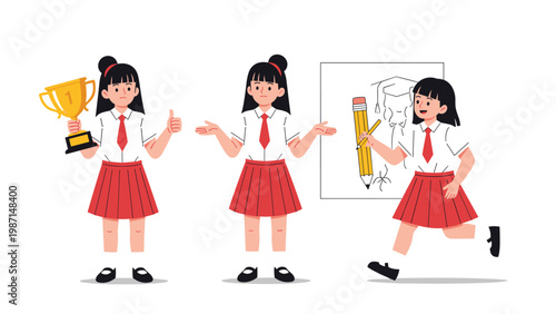 A versatile schoolgirl poses: proudly holding a trophy, shrugging playfully, and confidently running with a pencil towards learning.