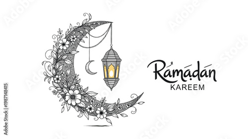 Elegant Ramadan Kareem calligraphy beautifully presented alongside a floral crescent moon and a glowing lantern, symbolizing holiness.