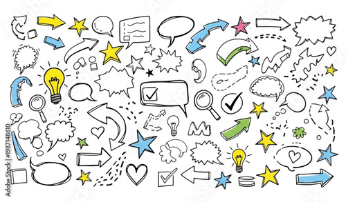 Hand drawn doodle vector pack with sketchy arrows icons and decorative elements isolated on white