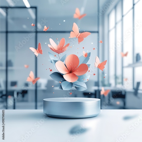 Elegant Product Display with Butterflies and Floral Accents in Modern Office.