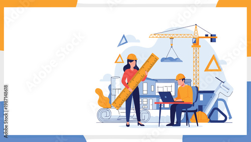Two dedicated architects or engineers collaborate on a construction project with a crane and blueprints, showcasing urban development.
