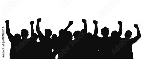 Silhouette of crowd with raised fists showing unity protest celebration power and social movement concept