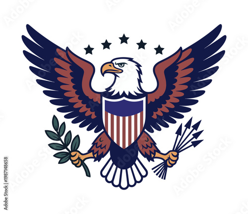 Official style American eagle crest with shield, olive branch, and arrows for patriotic government seal, national emblem, military insignia, and formal design use
