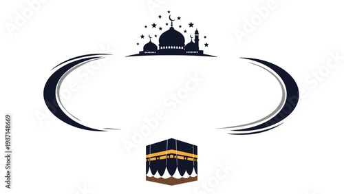 A frame design featuring prominent Islamic symbols: a mosque silhouette, crescent moons, stars, and the Kaaba, conveying faith.