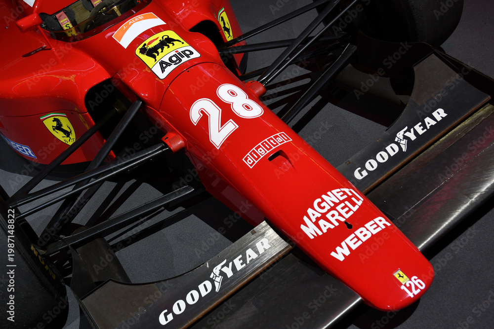 Fototapeta premium Scarperia, Italy - October 24th 2025: Ferrari 642 or F1-91 ex Alain Prost and Jean Alesi on display during Ferrari World Finals 2025 at Mugello Circuit in Italy.