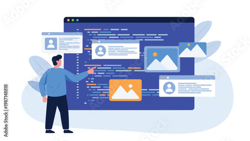 A developer explains complex code on a large screen displaying user profiles and image placeholders, illustrating web development.