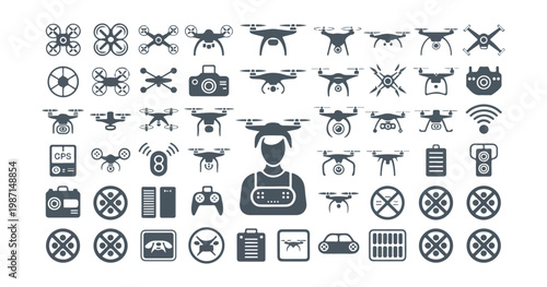 Vast collection of drone and aviation related icons and symbols on a transparent background.