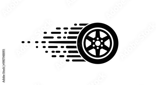 A graphic depicting a stylized wheel with motion lines, conveying speed and velocity without comma