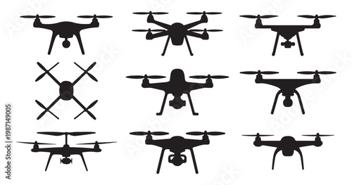 Diverse group of drone silhouettes showcasing different models and flight orientations against grey background.