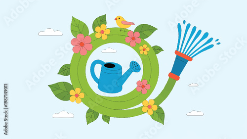 cartoon watering can surrounded by green hose flowers and bird on light blue background