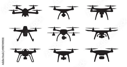 Drone silhouettes set isolated on transparent background for technology and aerial photography work.