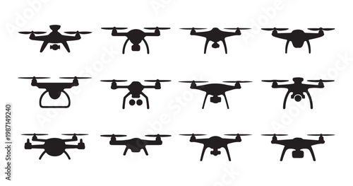 Vector drone silhouettes featuring different shapes and sizes for tech enthusiasts and visual artists.
