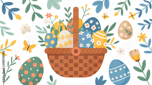 Colorful Easter eggs in a basket with flowers and leaves on white background