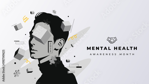 Mental Health Awareness Month banner featuring a man with floating 3D cubes. Represents psychological struggle, cognitive dissonance, and the journey toward emotional clarity and mental wellness
