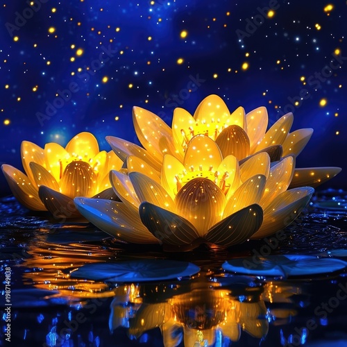 Glowing Lotus Flowers on Water Under Starry Night Sky.