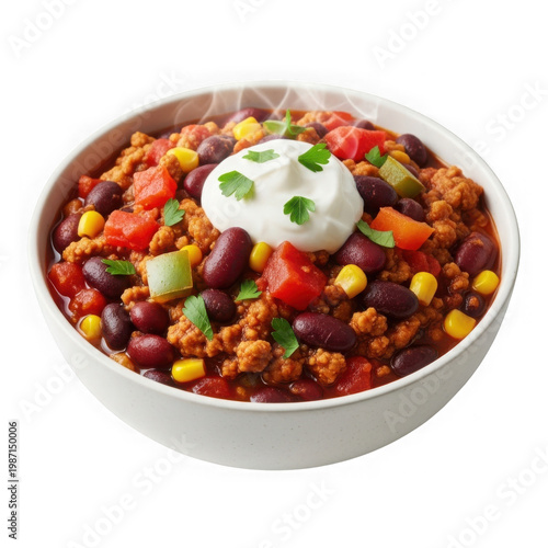 White bowl of spiced chickpea and vegetable curry topped with yogurt and fresh herbs chickpeas