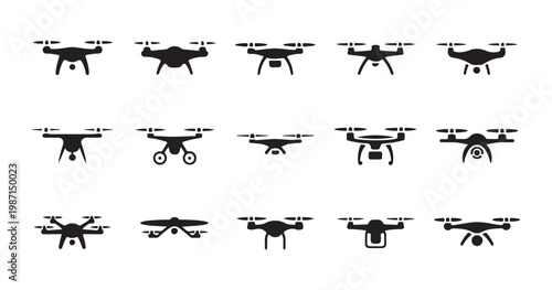 Comprehensive collection of drone icons with various camera gimbal and sensor shapes for monitoring.