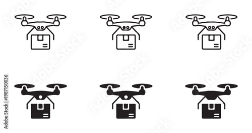 Logistics drone icons featuring package delivery mechanisms in both thin line and bold filled styles.