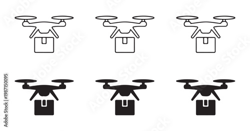 Delivery drone vector icon set, logistics drone, cargo drone, delivery of goods by air.
