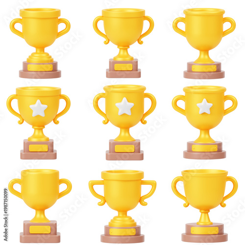 gold cup set of 3D Icons in minimal style on isolated transparent white background	