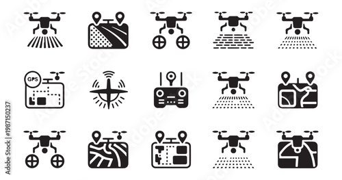 Drone and gps mapping icon set, smart agriculture, remote control, satellite navigation technology.