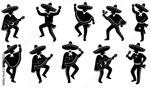 Cinco de Mayo Mexican man silhouettes with sombrero dancing fiesta celebration vector set