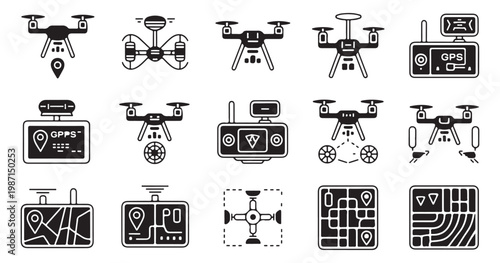 Smart agriculture drone and gps control system icon set, precision farming, autonomous vehicles.