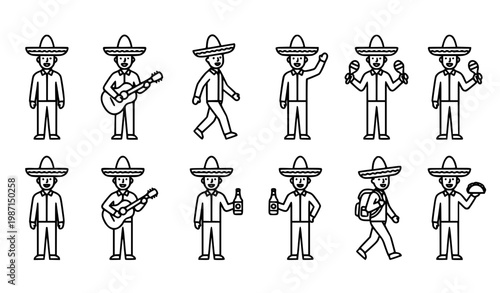 Minimal Mexican man sombrero icon outline Cinco de Mayo folkloric character vector illustration