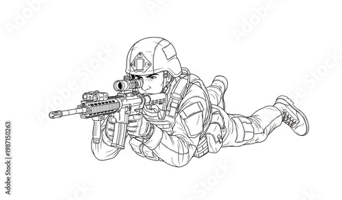Soldier prone position rifle line art military outline vector tactical illustration