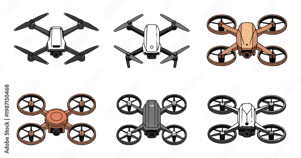 Fototapeta premium Modern drone technology icons set featuring various professional quadcopter designs for aerial video.