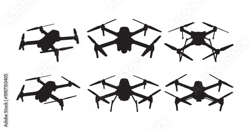 Drone silhouette collection flying aerial vehicle quadcopter multi rotor drone different designs.