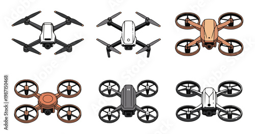 Modern drone technology icons set featuring various professional quadcopter designs for aerial video.