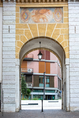 13th century Clock Tower (Torre dell'Orologio), decorative entrance gate to Old Town, Salo, Lake Garda, Italy
