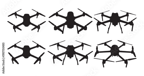 Drone silhouette collection flying aerial vehicle quadcopter multi rotor drone different designs.