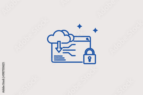 Cloud computing icon with a browser window and a padlock for secure data storage. Clean Vector Illustration and line icon is ideal for cloud security and web hosting services.