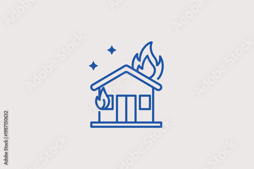 House icon engulfed in flames for property fire insurance concepts. Thematic Vector Illustration and line icon is ideal for insurance agencies and emergency service applications.