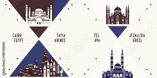 Architectural landmarks of cairo tel aviv and jezzalsia illustrated in a design
