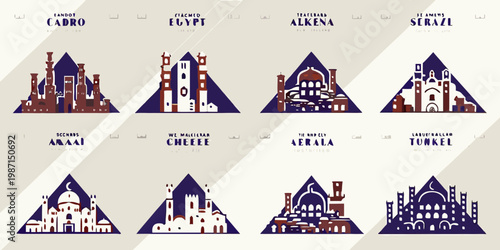 Stylized illustrations of egyptian architecture in triangular frames