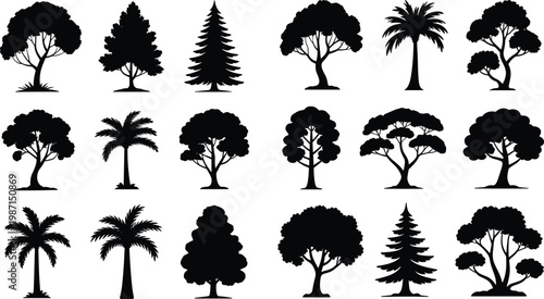 Collection of black tree silhouettes isolated on white background tropical forest vector icons for landscape design projects