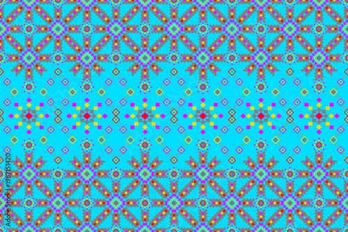 Vibrant geometric pixel pattern in turquoise, pink, orange, and yellow tones. Inspired by traditional ethnic motifs with a modern digital aesthetic for textile or background design.