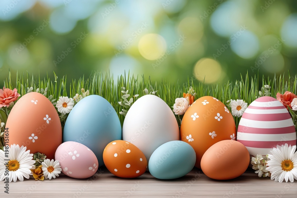 Fototapeta premium Easter eggs and spring flowers on grass with pastel background for holiday decoration